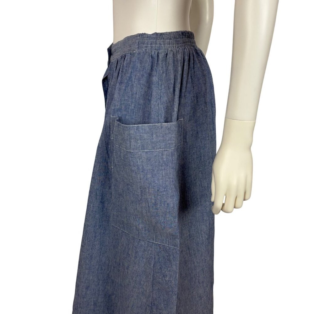 Vintage 80s Chambray Skirt Womens Small Blue Fit & Flare Button Down Hip Pockets - Picture 5 of 10